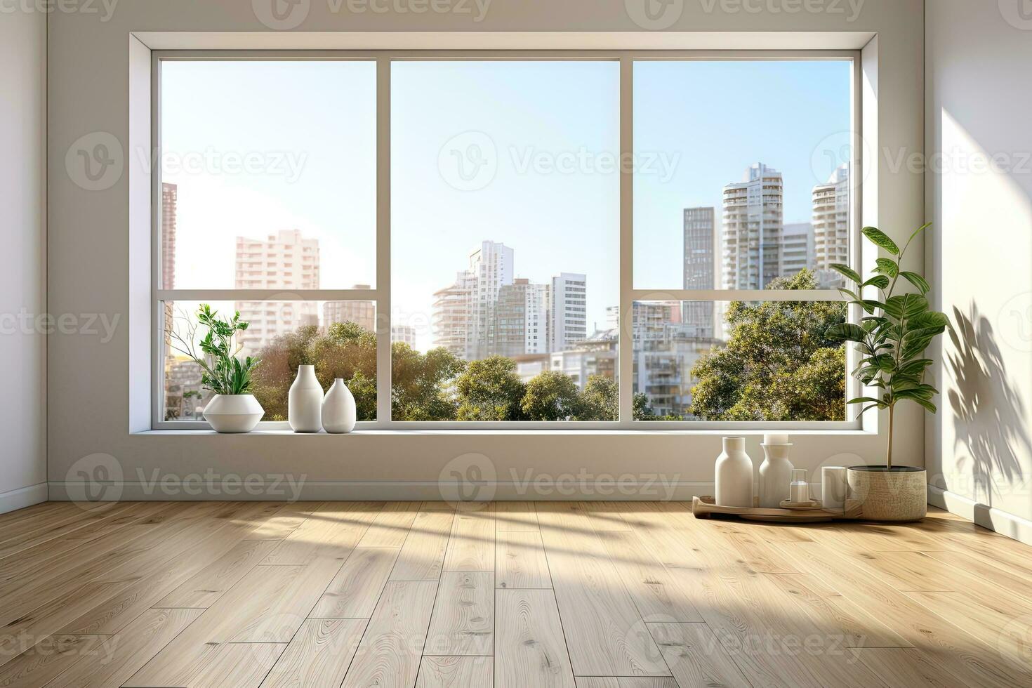 AI Generated Empty modern room with white walls and large windows Minimalist interior design in a luxury apartment The space is clean and contemporary by Generative AI photo