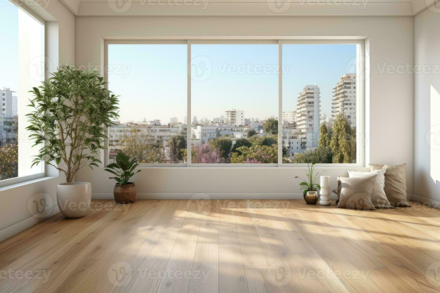 AI Generated Empty modern room with white walls and large windows Minimalist interior design in a luxury apartment The space is clean and contemporary by Generative AI photo
