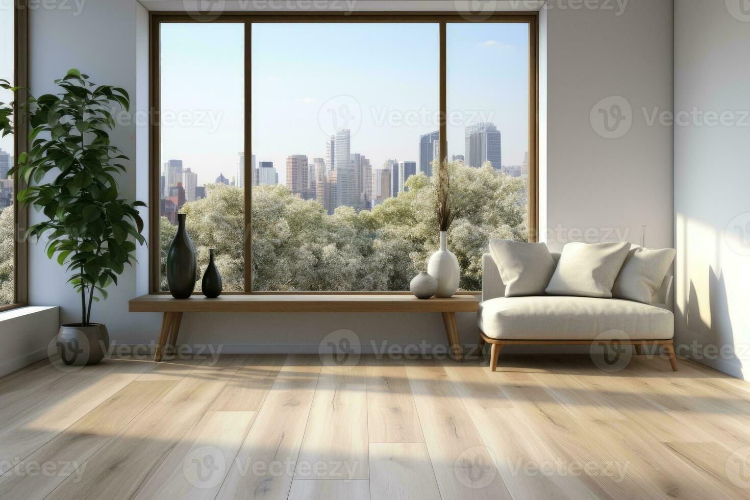 AI Generated Empty modern room with white walls and large windows Minimalist interior design in a luxury apartment The space is clean and contemporary by Generative AI photo