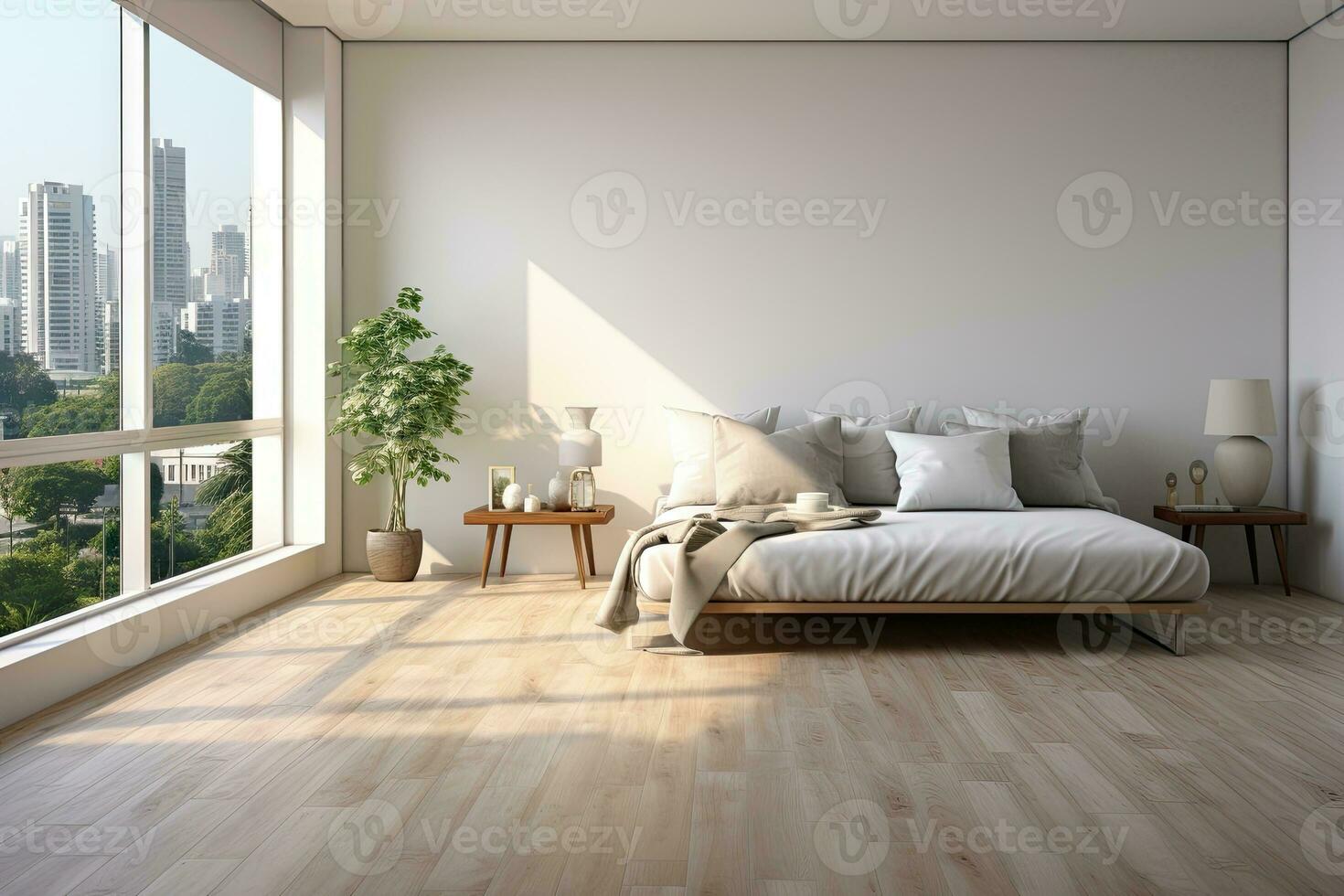 AI Generated Empty modern room with white walls and large windows Minimalist interior design in a luxury apartment The space is clean and contemporary by Generative AI photo