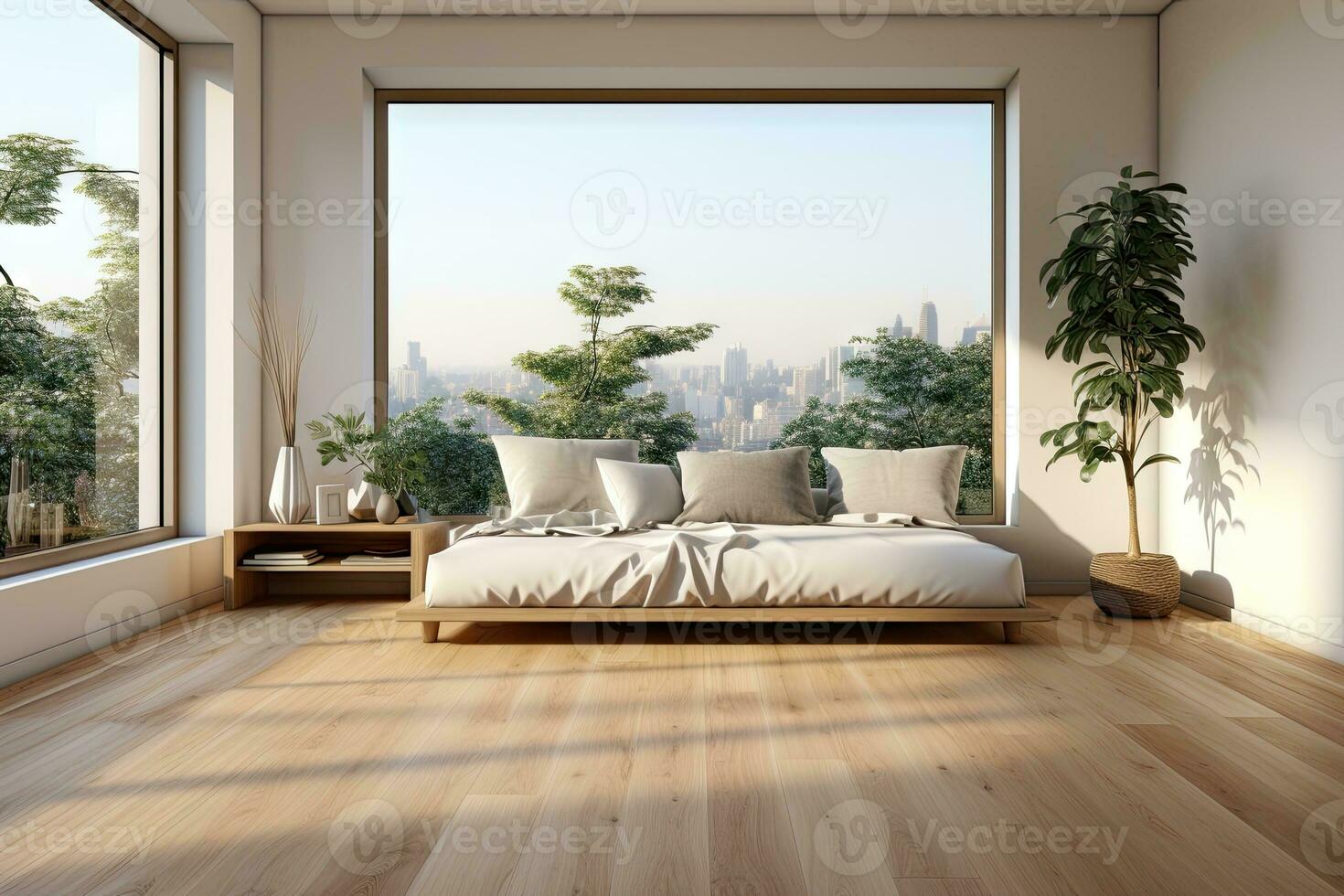 AI Generated Empty modern room with white walls and large windows Minimalist interior design in a luxury apartment The space is clean and contemporary by Generative AI photo