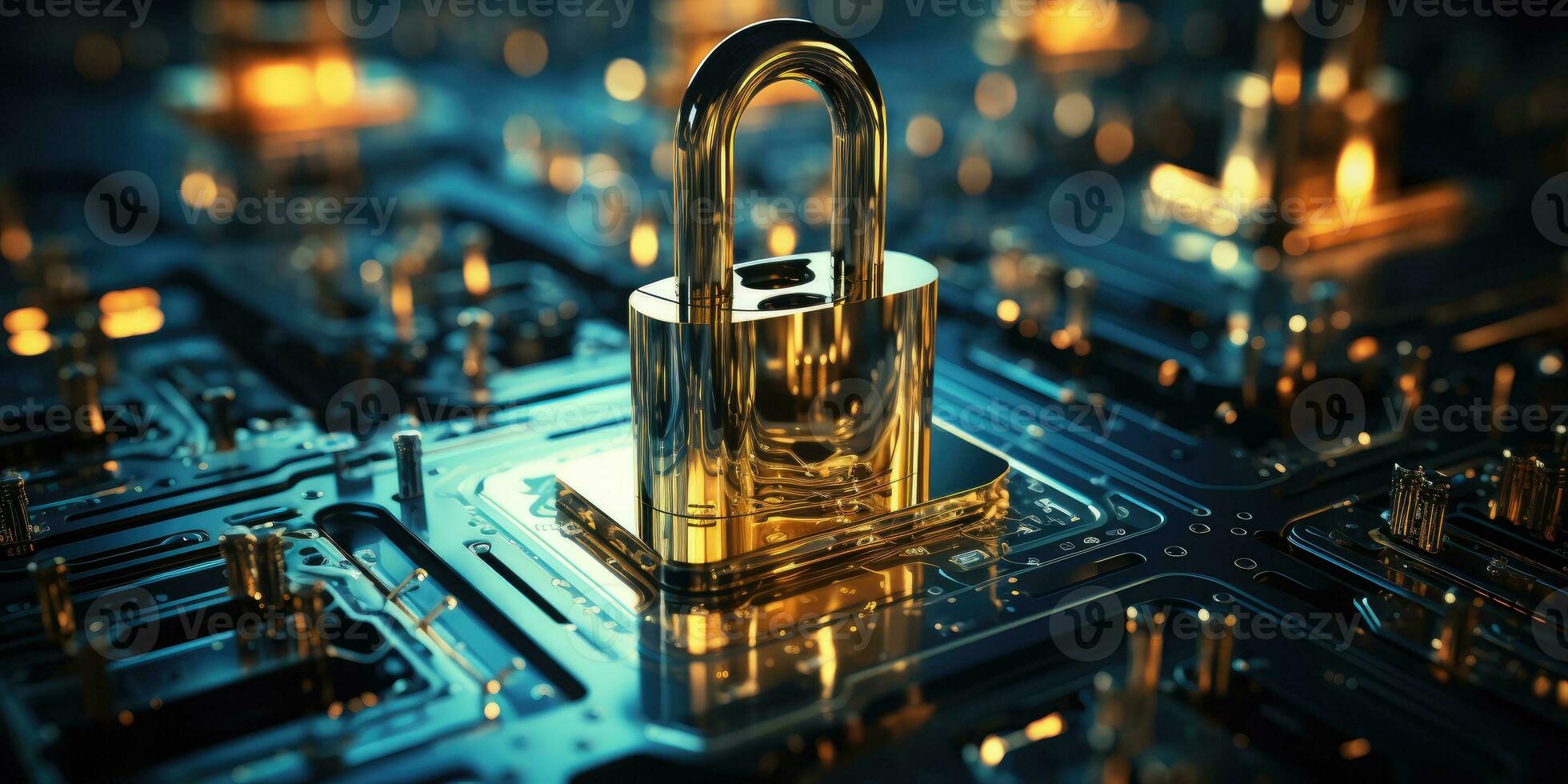 AI Generated Cybersecurity and data concept, lock, binary digits, key background, orange and dark , modern, high quality, technology by Generative AI photo