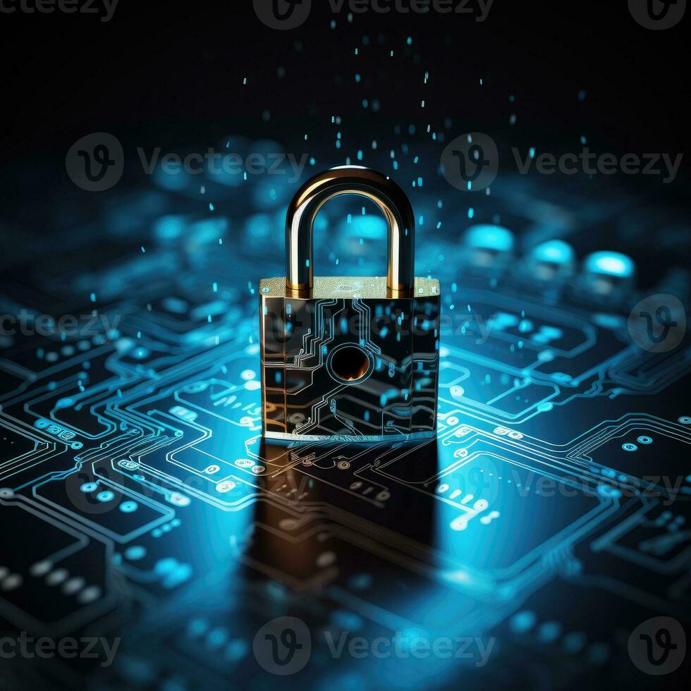 AI Generated Cybersecurity and data concept, lock, binary digits, key background, orange and dark , modern, high quality, technology by Generative AI photo