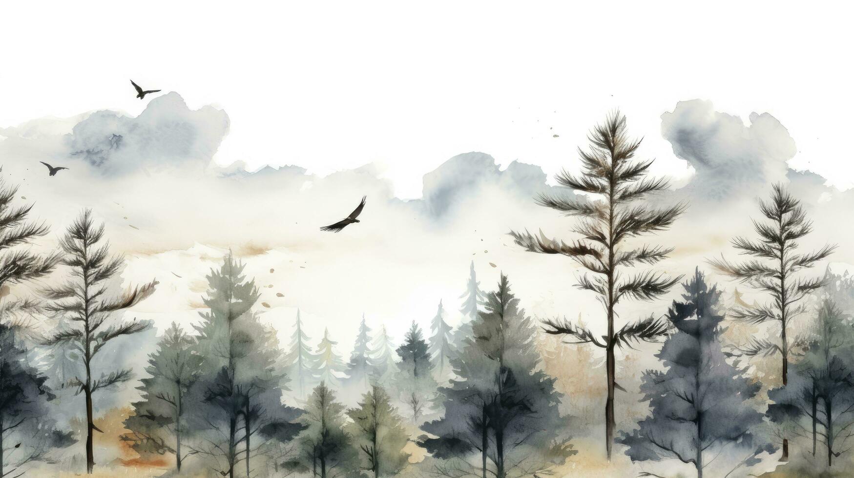 AI generated Wallpaper landscape pattern of pine trees with sky clouds and birds watercolor painting with a white background photo