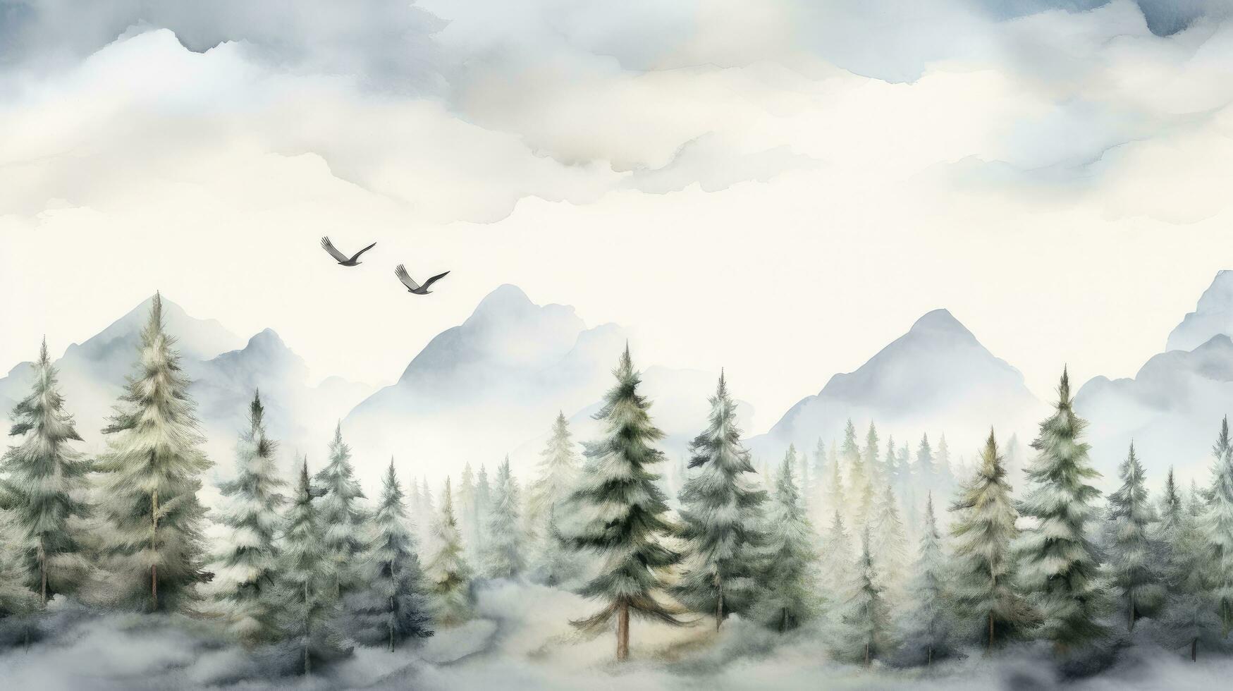 AI generated Wallpaper landscape pattern of pine trees with sky clouds and birds watercolor painting with a white background photo