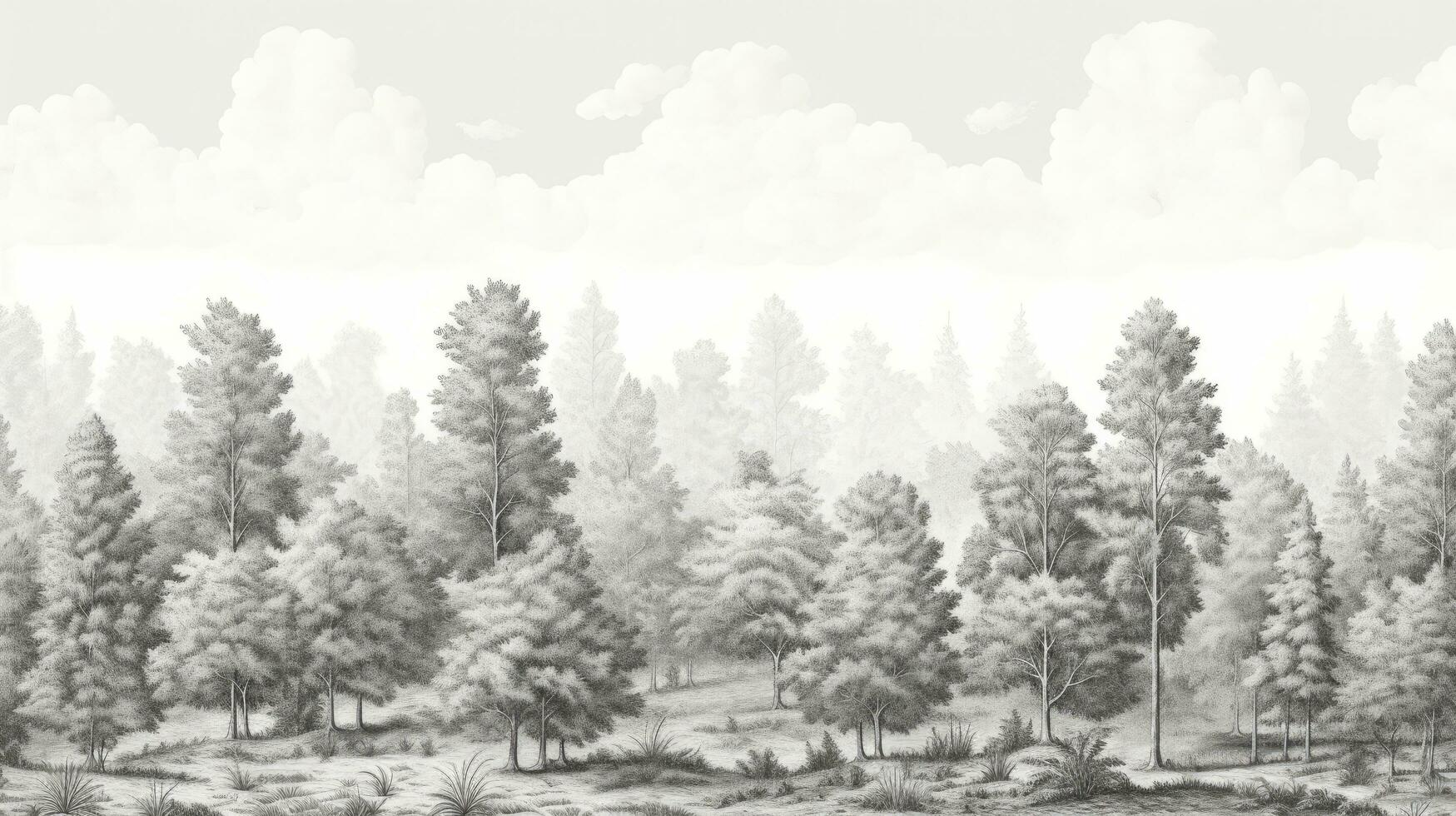 AI generated Vintage Wallpaper Pattern Depicting the Ancient European Forests, Rendered in Black and White in a Classic Drawing Style. photo