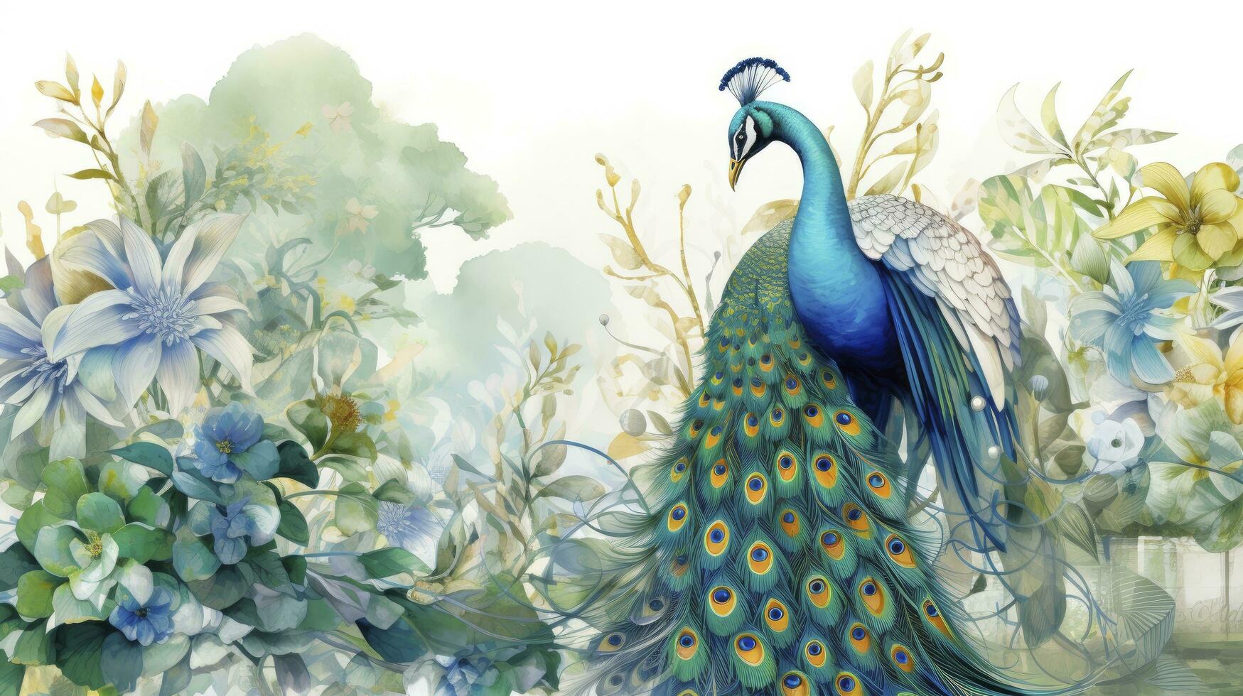 AI generated Watercolor Illustration of a Tropical Rainforest adorned with Peacocks in a Two Tone Palette of White and Gold. photo