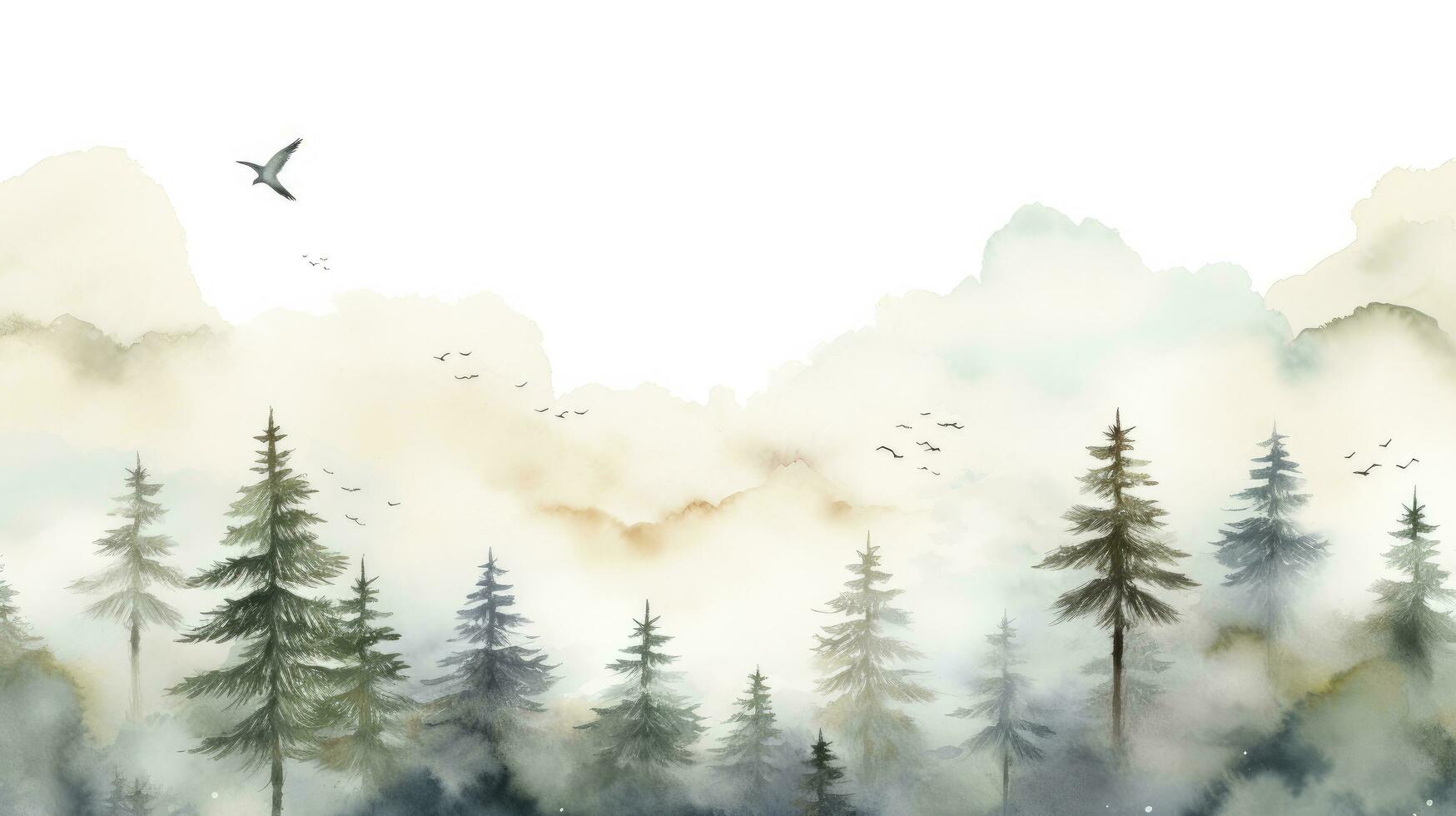 AI generated Wallpaper landscape pattern of pine trees with sky clouds and birds watercolor painting with a white background photo