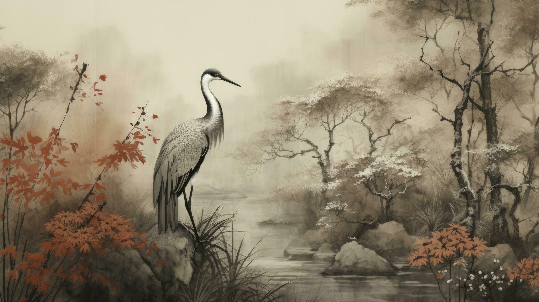 AI generated Japanese Vintage Serenity Wallpaper Illustration of a Forest Landscape with Elegant Cranes, Echoing Traditional Japanese Style with Timeless Grace. photo