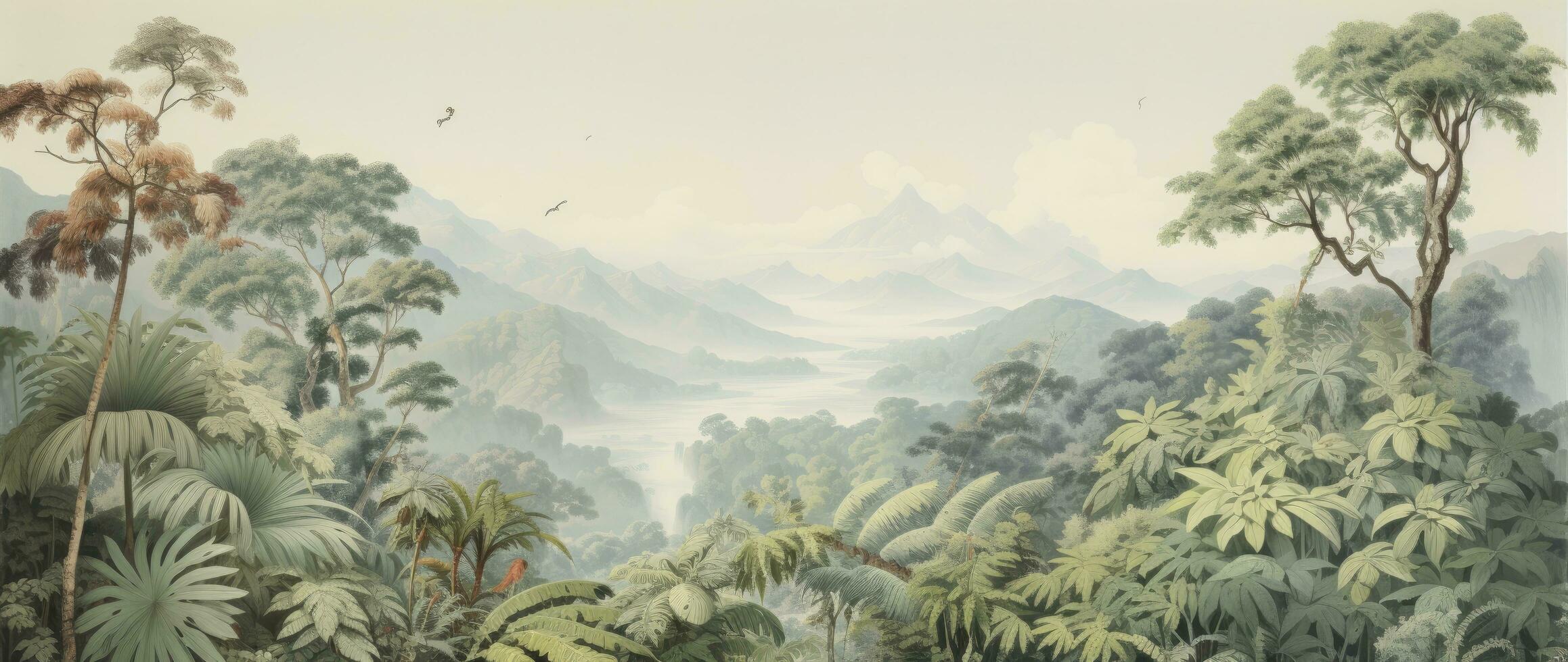 AI generated Vintage Watercolor Mural. Australian Landscape Depicting Tropical Forest Scenes with Animals Amidst the Trees, Capturing the Essence of Old Illustrations in a Large Scale Artwork. photo