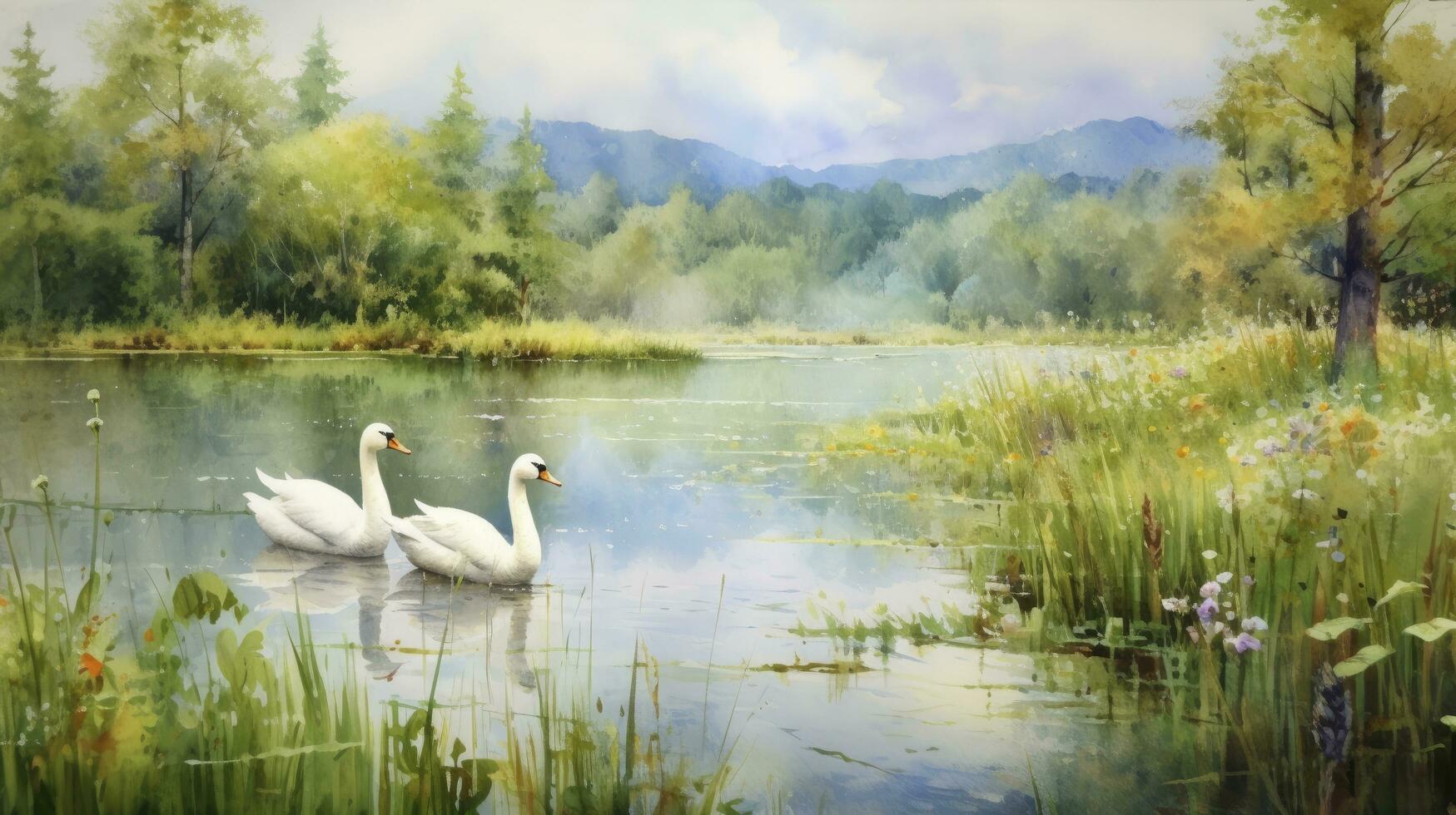 AI generated Watercolor painting of surrounding the lake with a pair of white geese photo