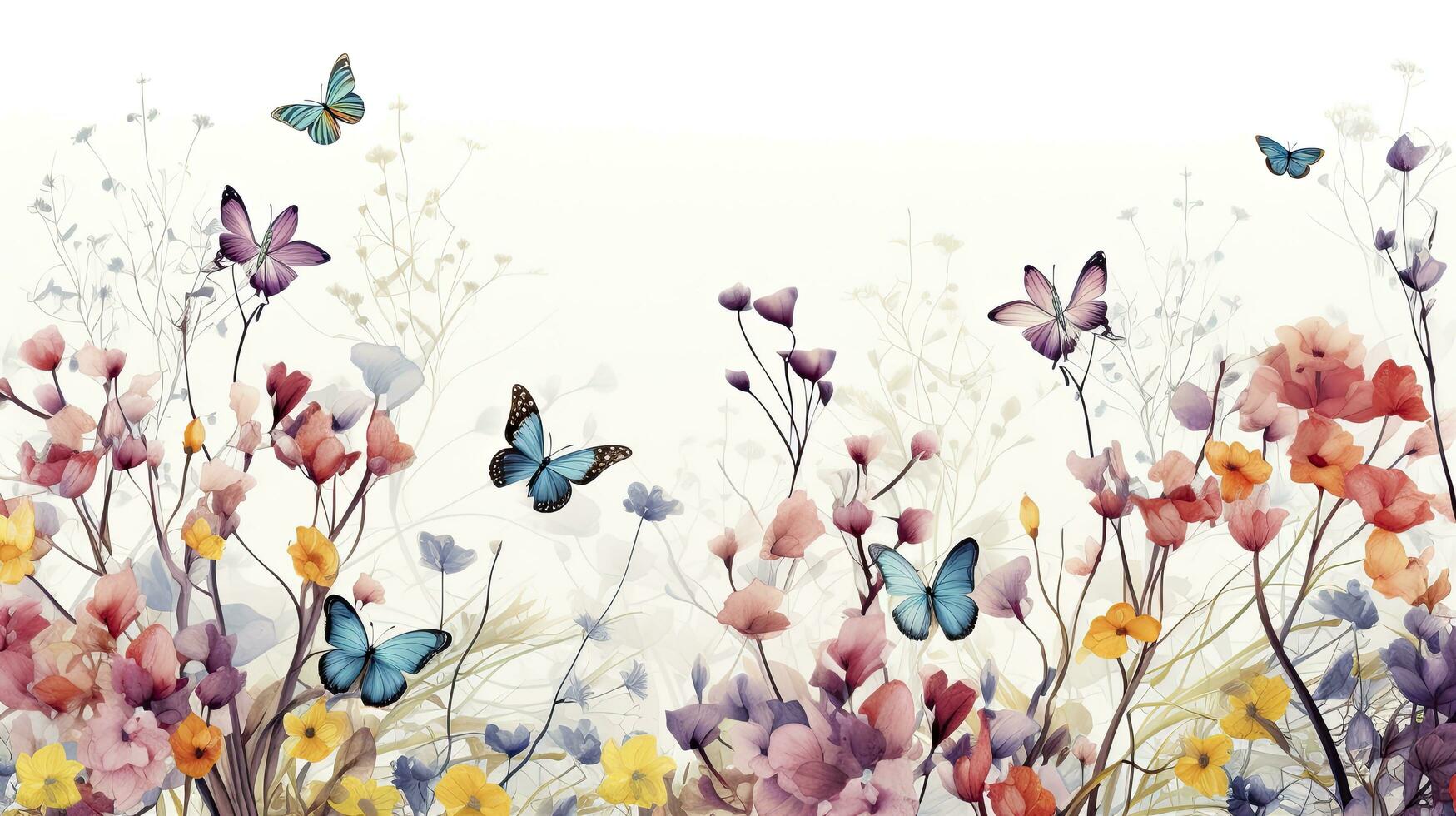 AI generated Graceful Garden Whimsy. A Drawing Featuring the Pattern of Wildflowers, Branches, and Butterflies in Bright Colors, Perfect for Adorning Walls with Cheerful Charm. photo