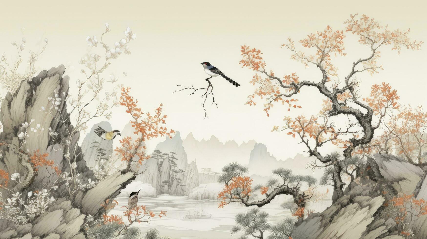 ai generado chino bosque dibujo modelo fondo de pantalla exhibiendo un sereno bosque paisaje con aves, mariposas, y árboles, en armonioso colores chino estilo. foto