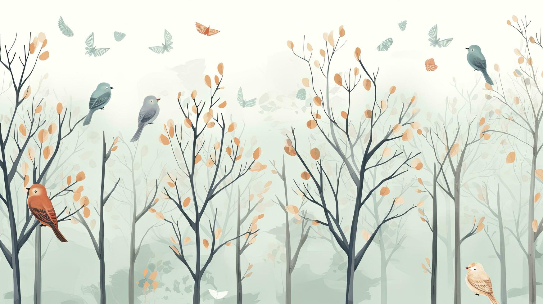 AI generated A Drawing Pattern Wallpaper Depicting a Serene Landscape with Birds, Butterflies, and Trees, in Harmonious Forest Colors, Perfect for Elevating Wall Decor. photo