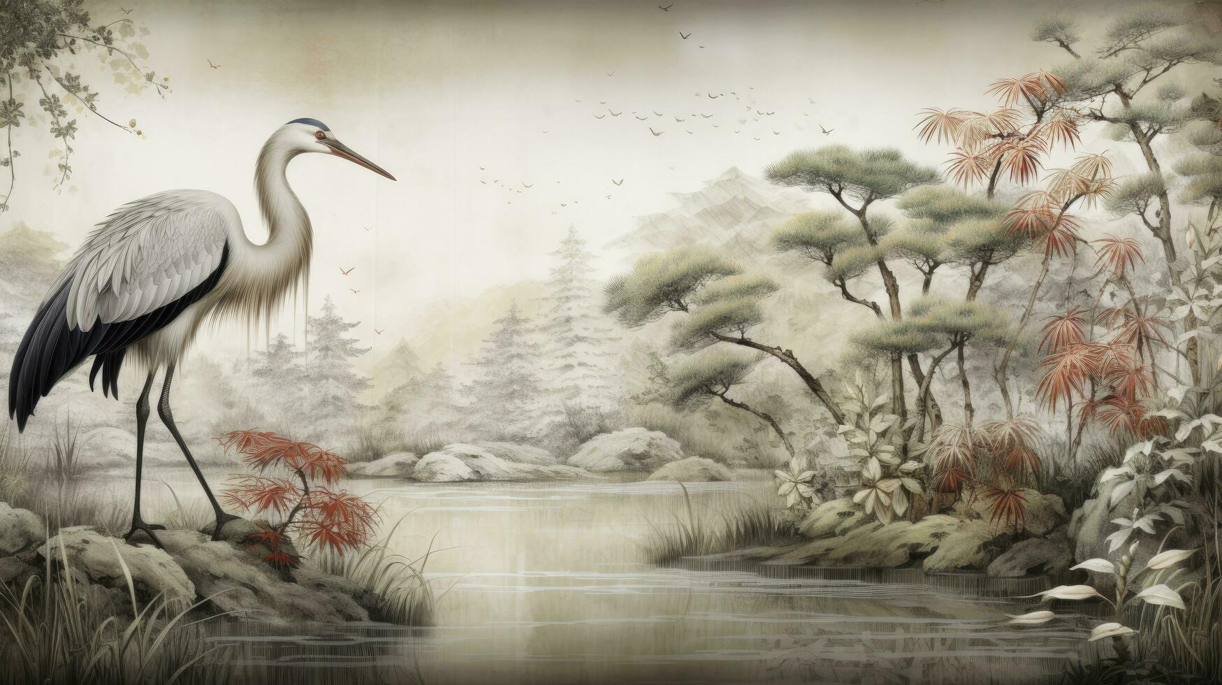 AI generated Japanese Vintage Serenity Wallpaper Illustration of a Forest Landscape with Elegant Cranes, Echoing Traditional Japanese Style with Timeless Grace. photo