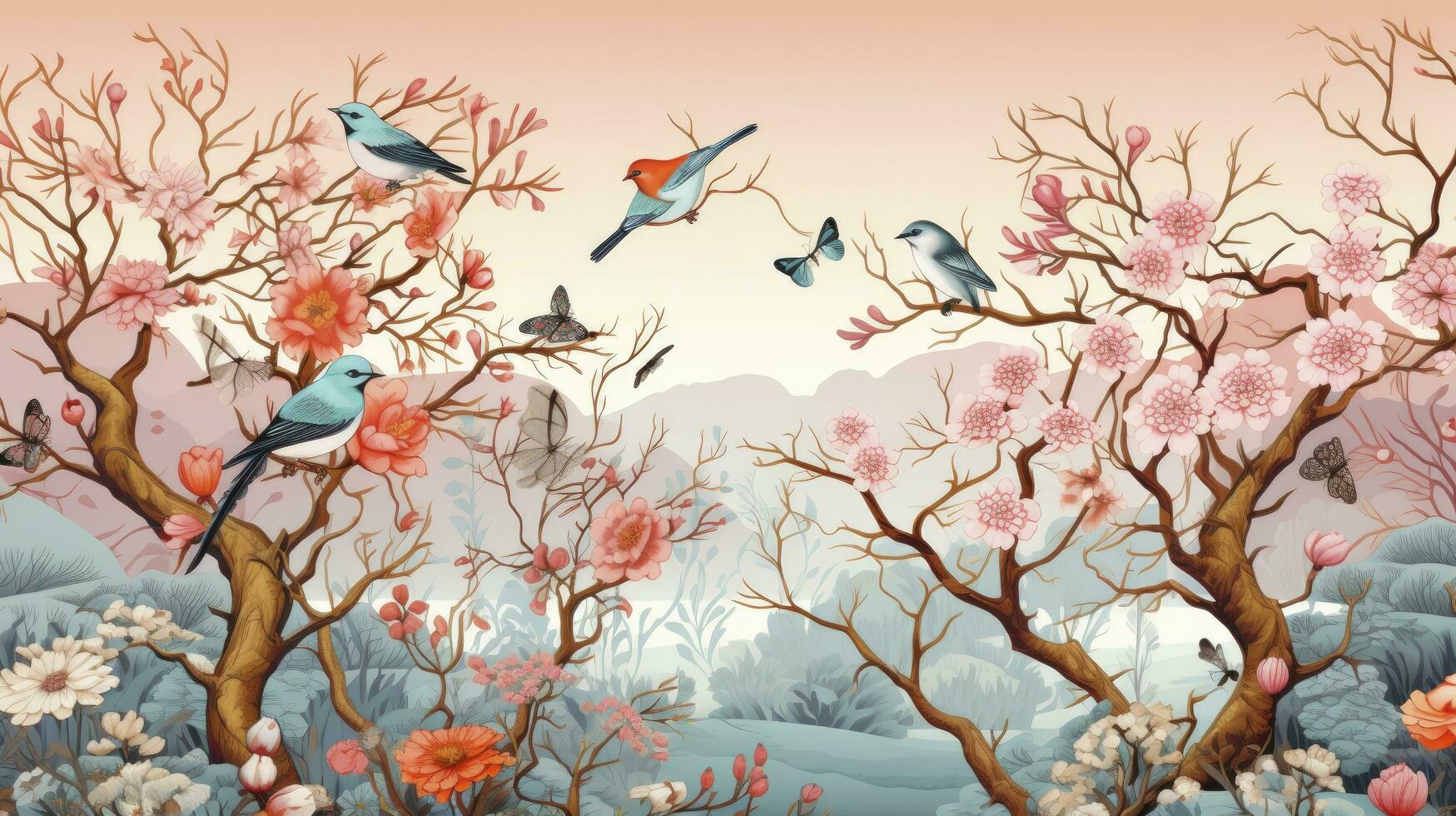 ai generado chino bosque dibujo modelo fondo de pantalla exhibiendo un sereno bosque paisaje con aves, mariposas, y árboles, en armonioso colores chino estilo. foto