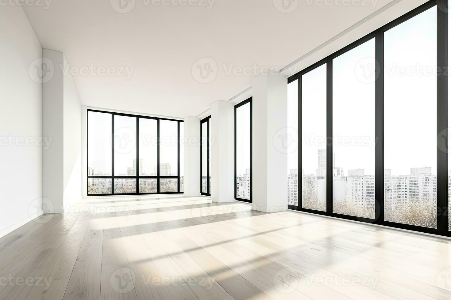 AI Generated Empty modern room with white walls and large windows Minimalist interior design in a luxury apartment The space is clean and contemporary by Generative AI photo