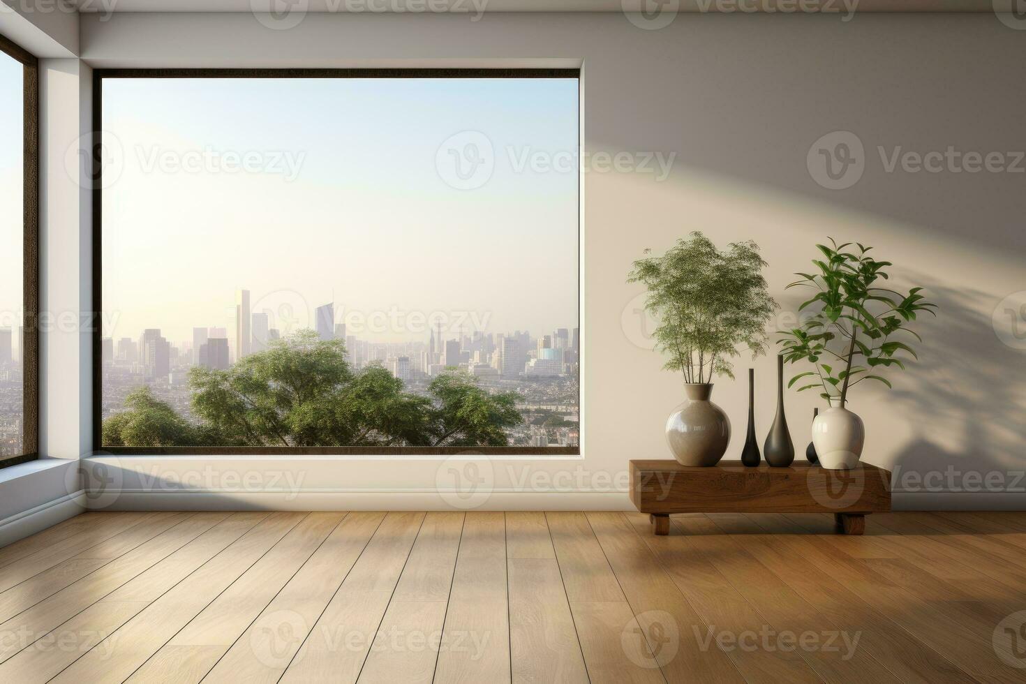 AI Generated Empty modern room with white walls and large windows Minimalist interior design in a luxury apartment The space is clean and contemporary by Generative AI photo