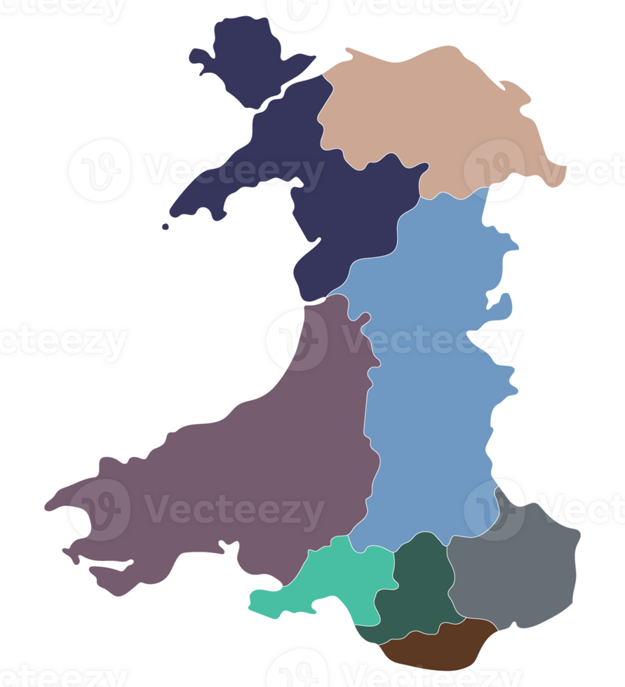 wales Karta. Karta av wales dividerat in i huvud regioner png