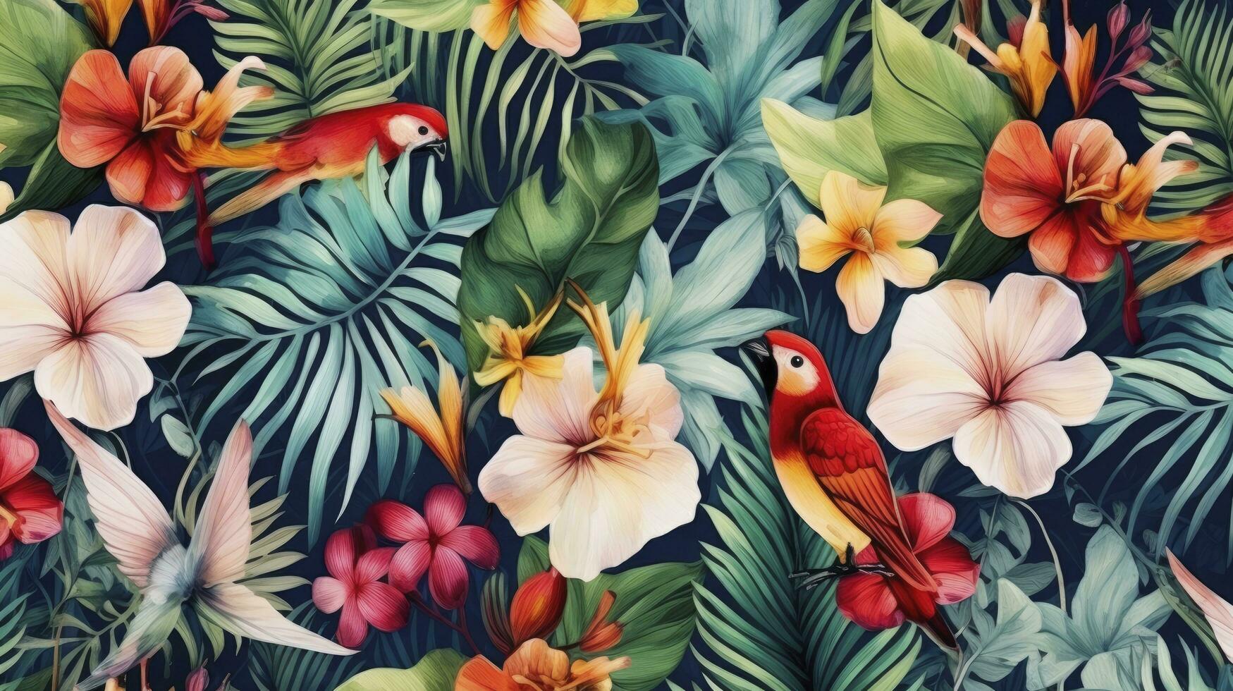 AI generated Tropical Colorful Wallpaper Pattern featuring Exotic Leaves, Butterflies, and Birds, Set against an Old Textured Background. photo