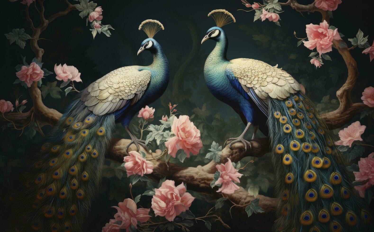 AI generated Baroque and Dramatic Compositions of Peacocks with Flowers in a Dark Room, Accentuated by Tree Trunks in the Background. Mysterious Backdrops Creating Ornate Wall Art Paintings. photo