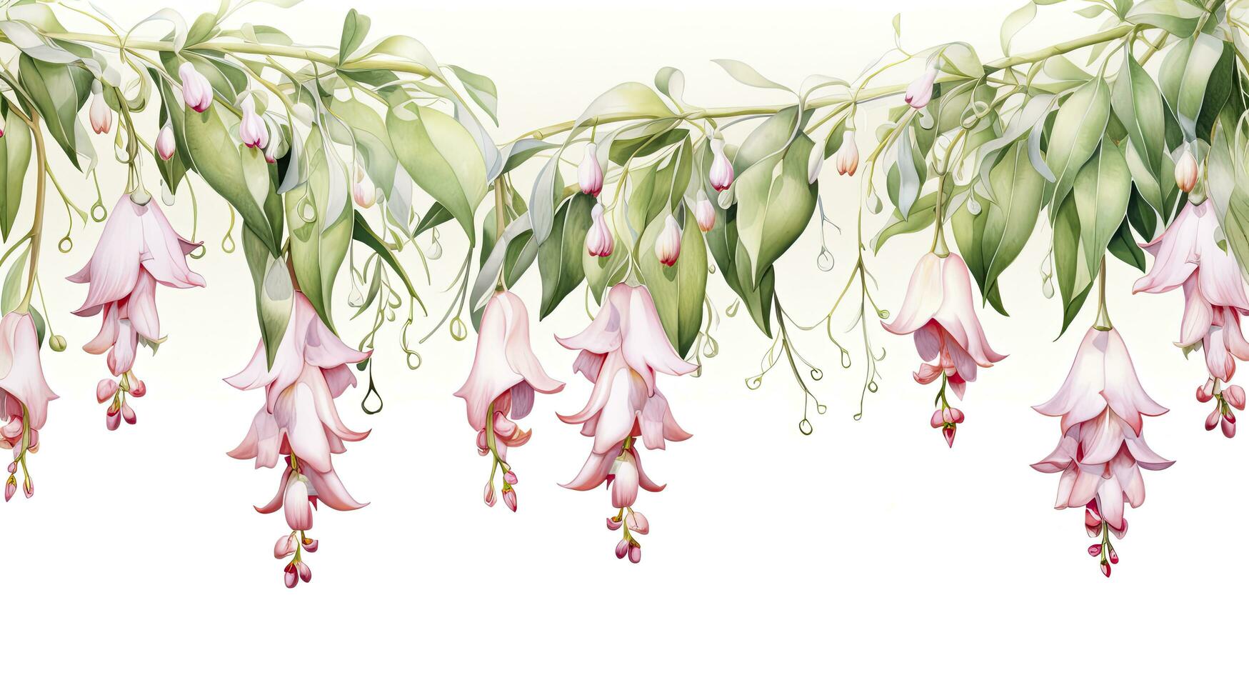 AI generated Ethereal Flora Watercolor Illustration of Drooping Eucalyptus Leaves, Pink and White Weeping Lily of the Valley, Adorned with Butterflies and Hummingbirds. photo