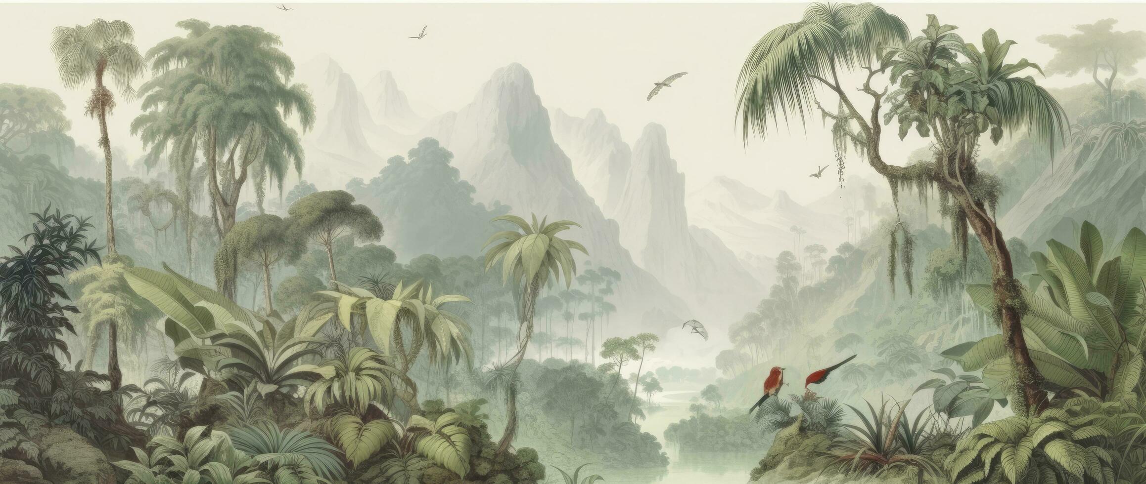 ai generado olvidado selva tinta y lavar representación de un tropical paisaje en el Diecinueveavo siglo francés academia estilo. un mural representando naturalista fauna silvestre con montañas, aves, y ríos foto