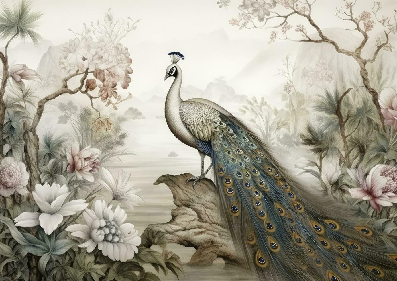 AI generated Poetic Jungle Peacock Wallpaper in White and Bronze, Set Against Mysterious Landscapes with Naturalistic Shadows. photo