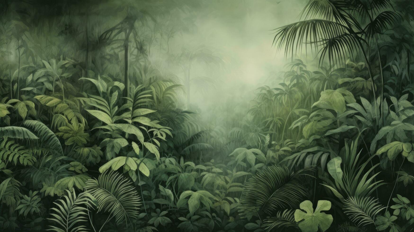 AI generated Tropical Pattern Wallpaper Featuring a Jungle of Leaves, Palm Trees, and Old Textured Drawings, Evoking a Vintage Aesthetic as a Mural Background. photo