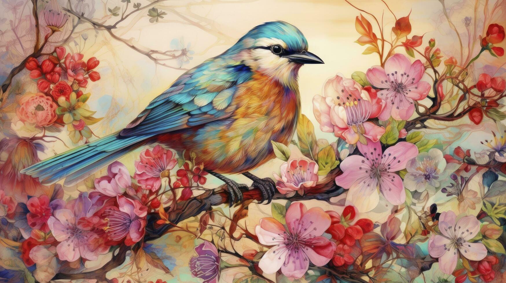 ai generado armonía en naturaleza Clásico japonés estilo pintura representando un vistoso pájaro en medio de flores, rosas, sucursales, y mariposas un maravilloso obra de arte ideal para interior decoración. foto