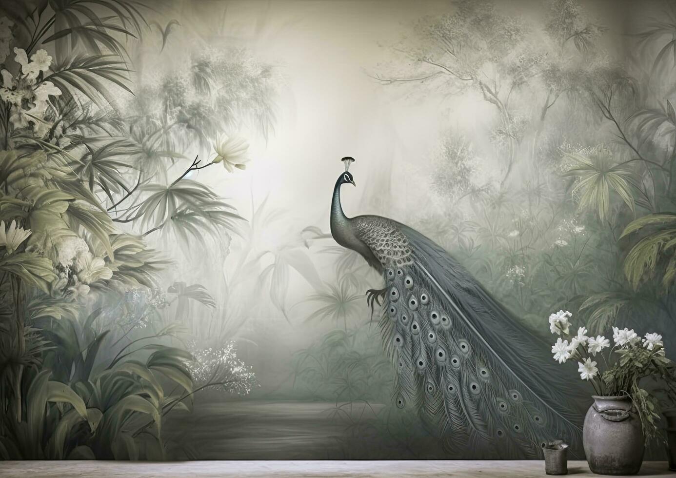 AI generated Poetic Jungle Peacock Wallpaper in White and Bronze, Set Against Mysterious Landscapes with Naturalistic Shadows. photo