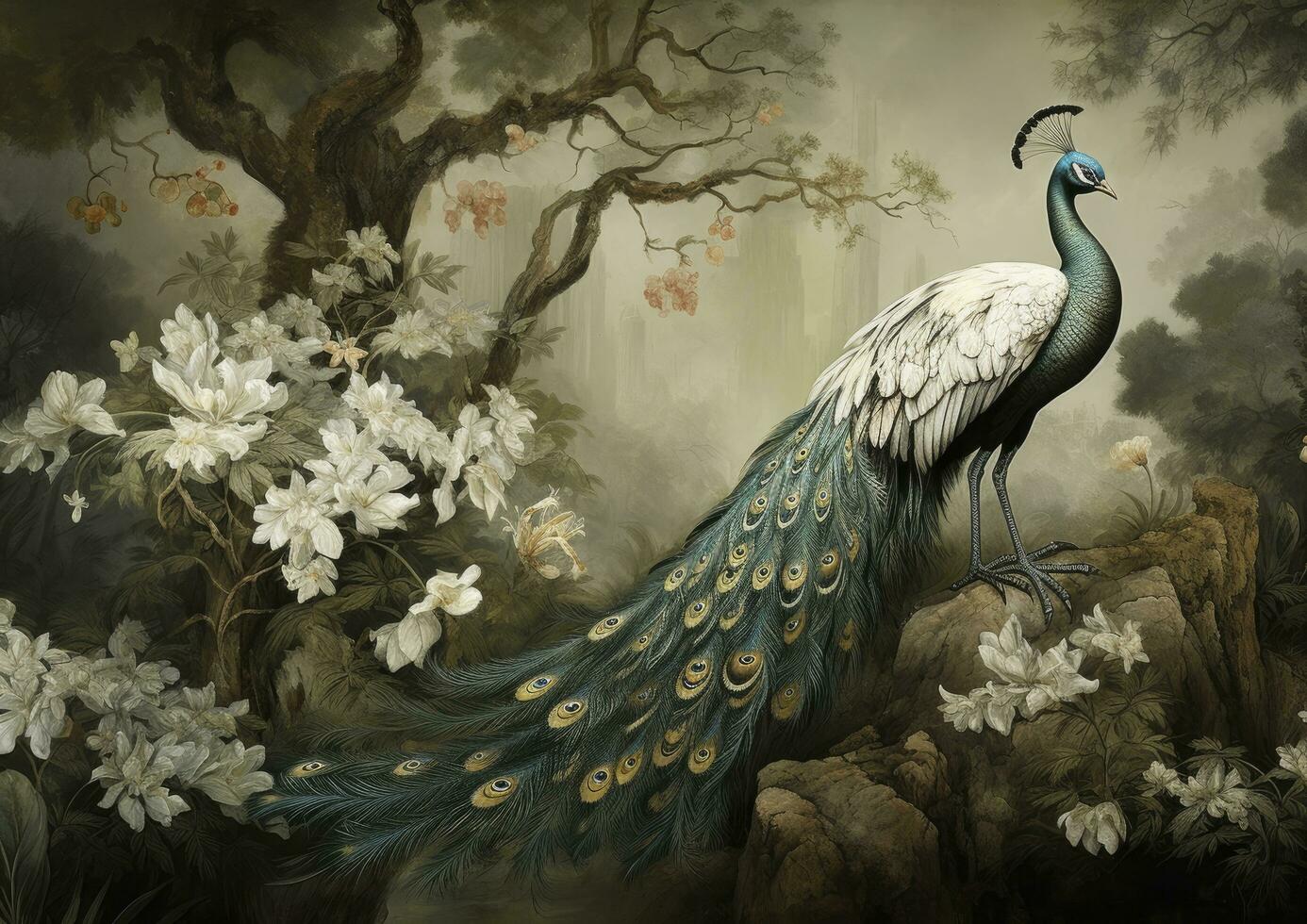 AI generated Poetic Jungle Peacock Wallpaper in White and Bronze, Set Against Mysterious Landscapes with Naturalistic Shadows. photo