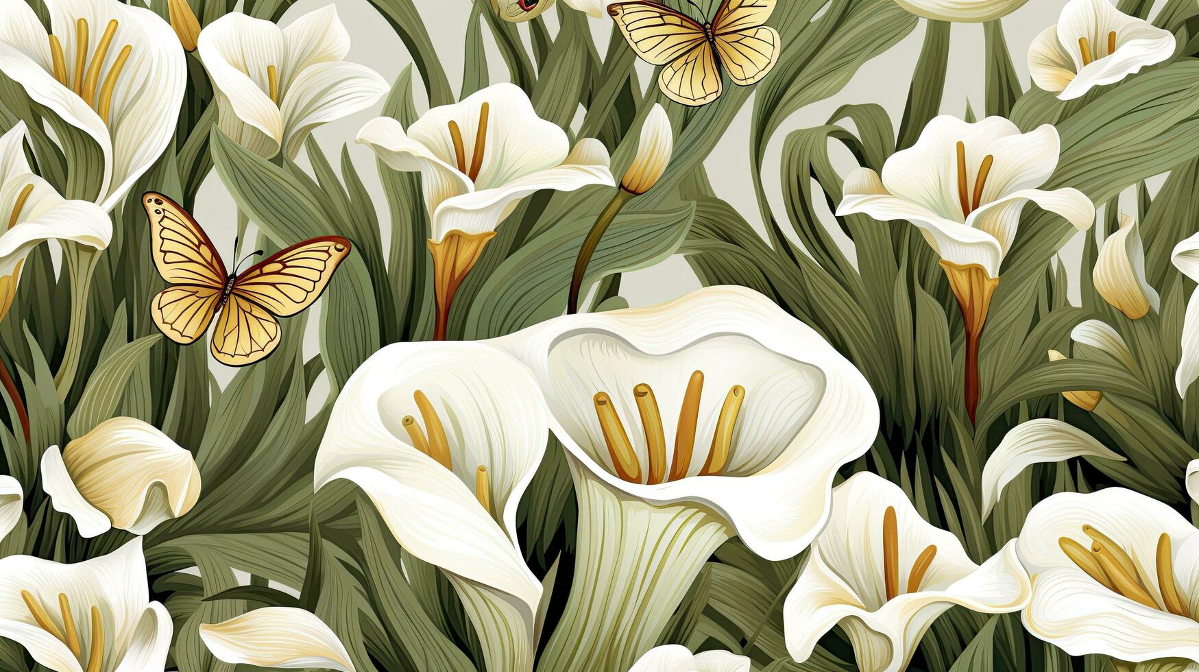 AI generated Vintage Pattern Wallpaper Featuring Calla Lily Flowers and Butterflies in a Landscape, Drawn with a Nostalgic Touch, Against a Clean White Background. photo