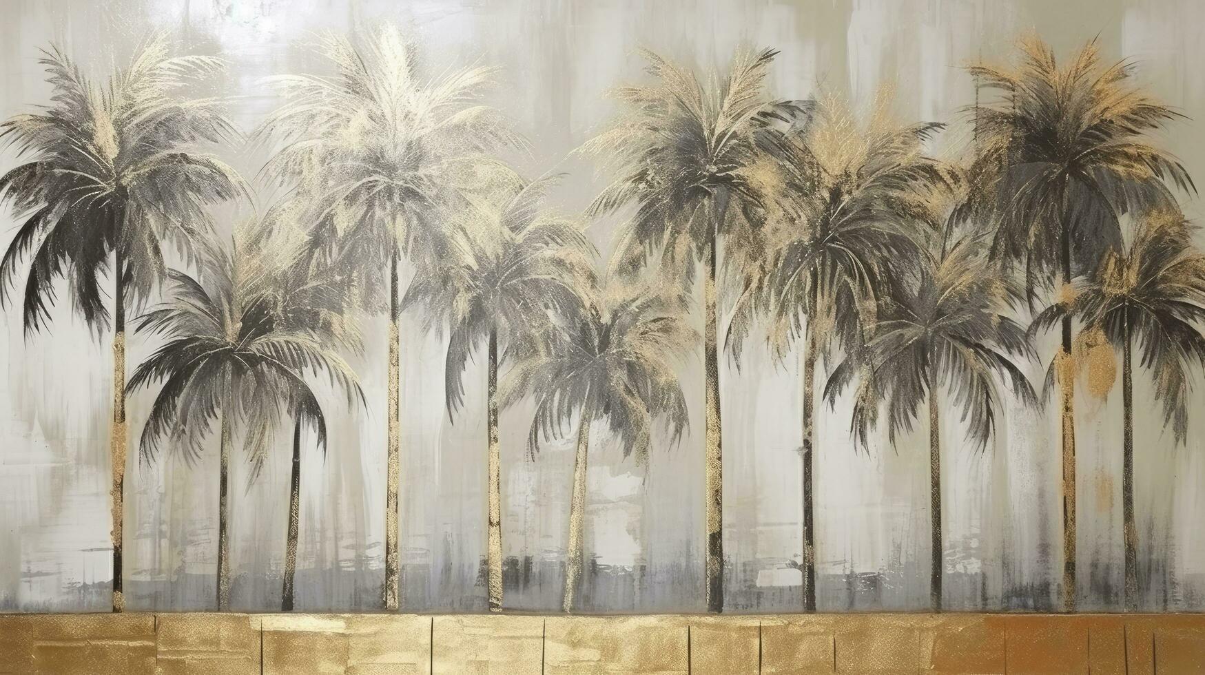 AI generated Tropical Opulence Abstract Textured Drawing of a Vintage Shaded Gold and Black Oil Painting, Featuring a Patterned Landscape of a Tropical Forest with Palm Trees. A Striking Artwork photo