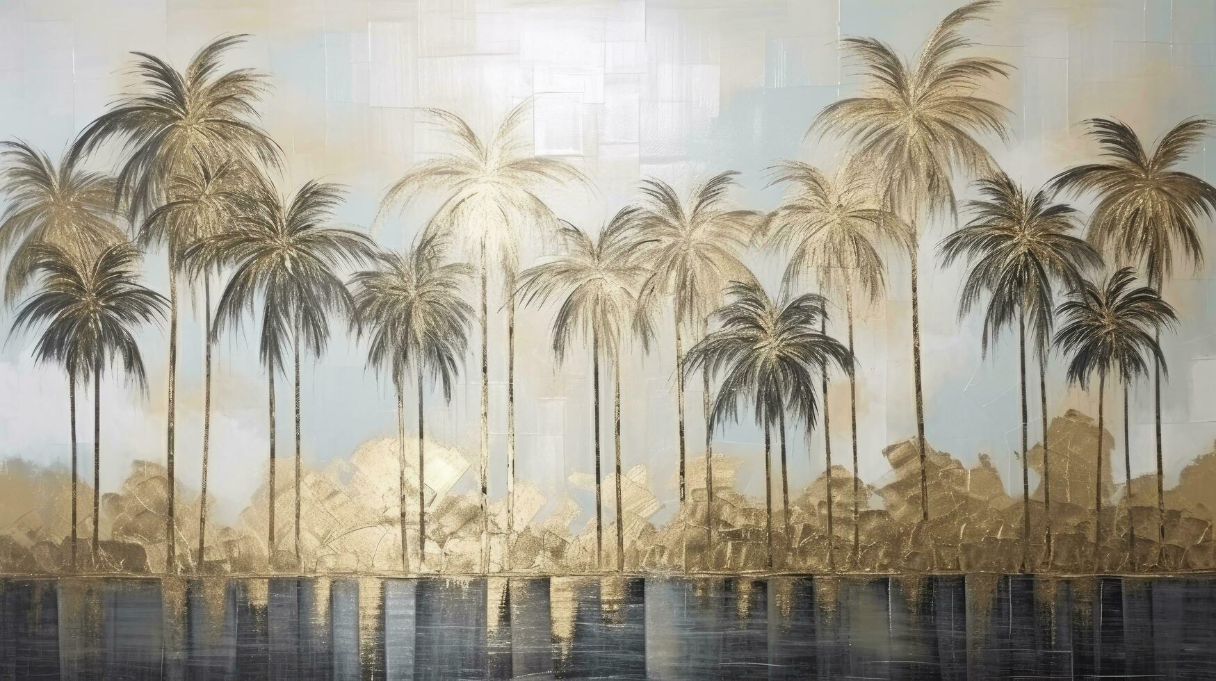 AI generated Tropical Opulence Abstract Textured Drawing of a Vintage Shaded Gold and Black Oil Painting, Featuring a Patterned Landscape of a Tropical Forest with Palm Trees. A Striking Artwork photo