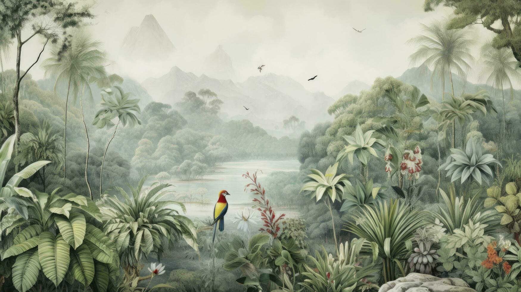 ai generado fondo de pantalla selva y hojas tropical bosque mural río y aves mariposas antiguo dibujo Clásico antecedentes foto