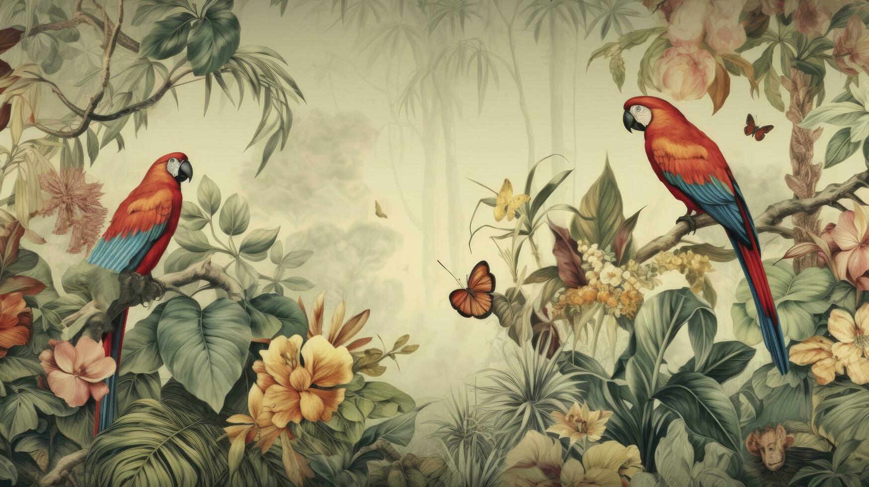 ai generado tropical fondo de pantalla presentando un selva con hojas, loros, aves, y mariposas en un antiguo dibujo Clásico estilo, creando un eterno y artístico antecedentes. foto