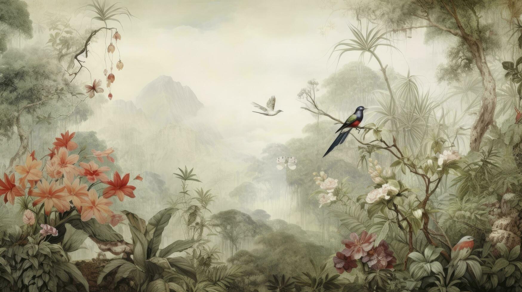 AI generated Vintage Tropical Haven Wallpaper Depicting a Lush Jungle with Leaves, Exotic Birds, and Butterflies in an Old Drawing Vintage Style, Creating a Timeless Background. photo