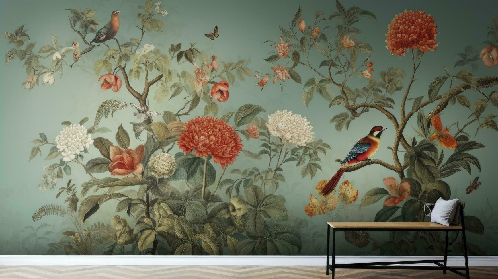 ai generado fondo de pantalla pintura de bosque paisaje con plantas, hojas, rosas, aves, pavos reales, mariposas y insectos para interior murales pared Arte decoración. foto