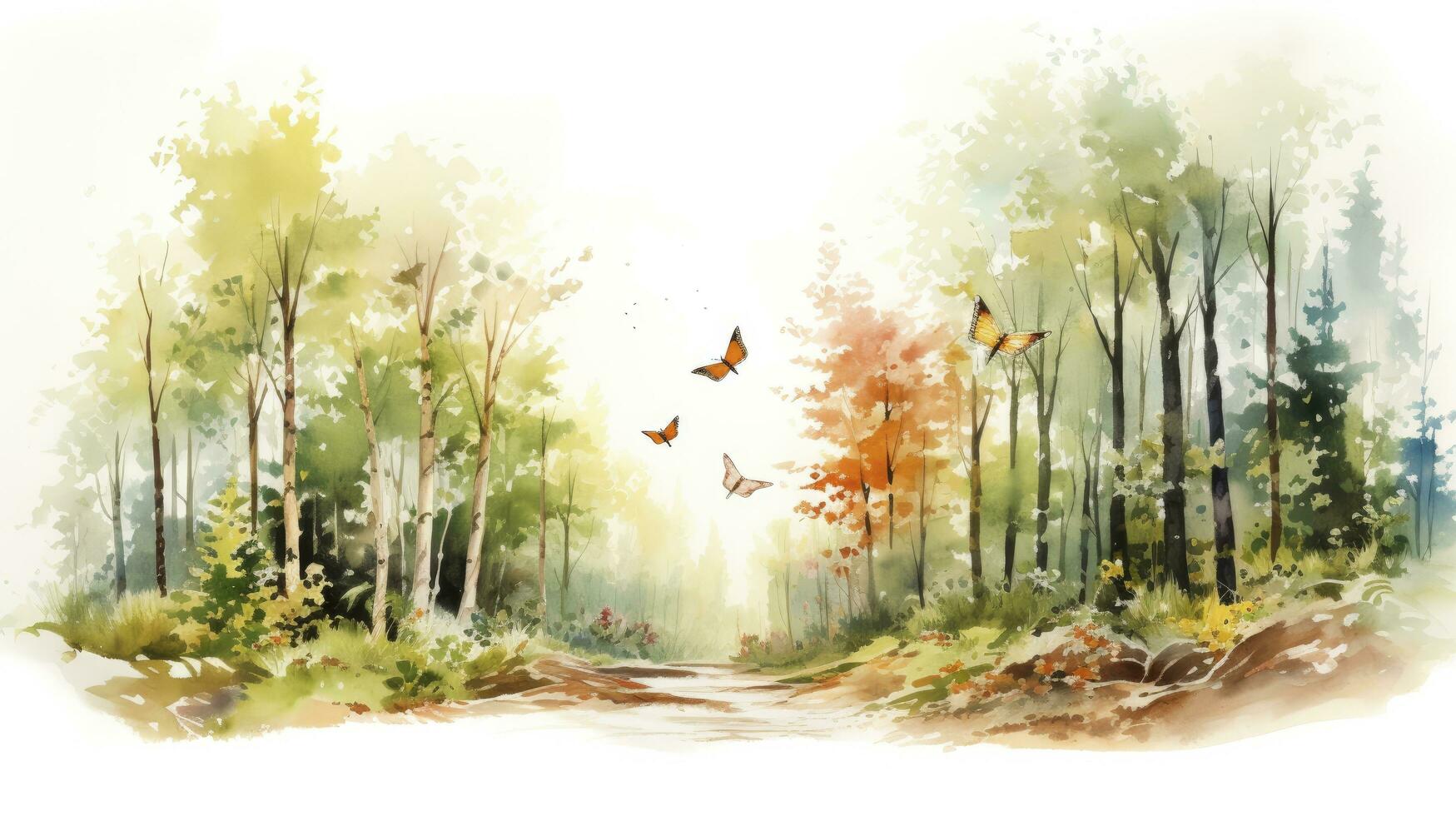 AI generated Watercolour painting of a forest landscape with birds, butterflies and trees, in colours vintage consistent style photo