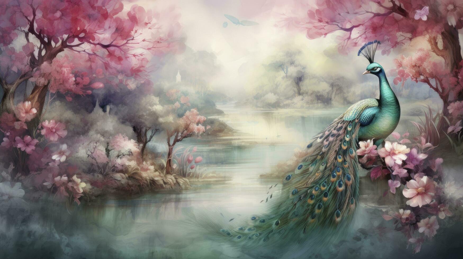 AI generated Wallpaper watercolour painting of a forest landscape with a lake, plants, trees, roses, birds, peacocks, butterflies and insects photo