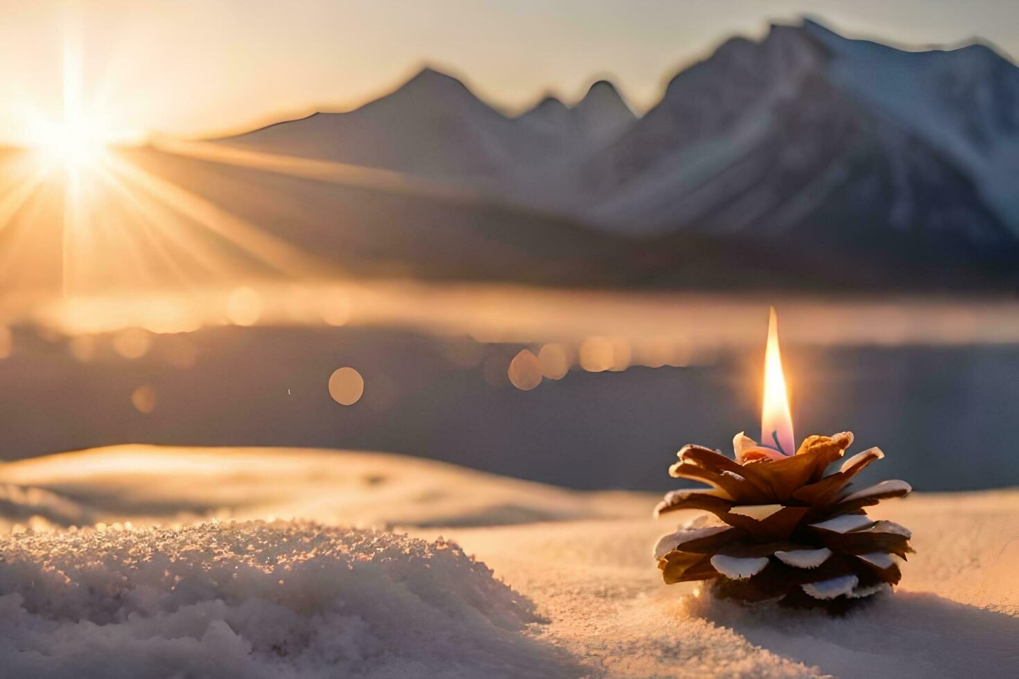 AI generated a pine cone with a candle in the snow photo