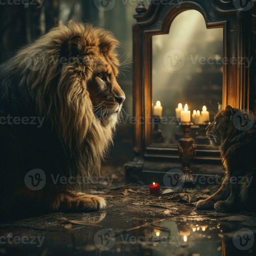 AI generated Animal Reflection Realistic Image in Room Night View with Light Bulb Generative AI photo