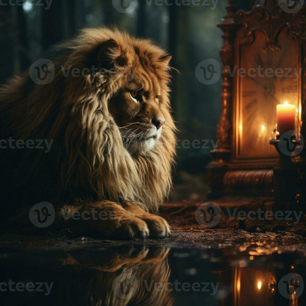 AI generated Cat Reflection Realistic Night View Photo in Room with Light Bulb Generative AI