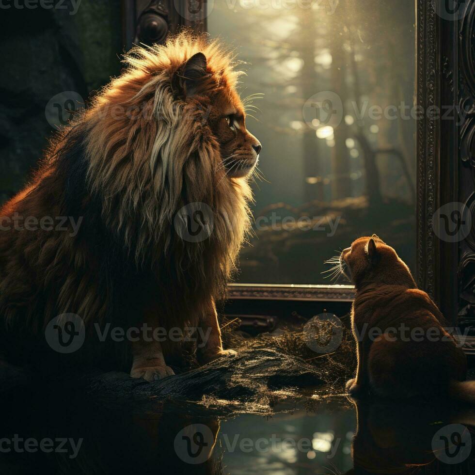 AI generated Cat in Room Mirror Realistic Night View Image with Light Bulb Generative AI photo