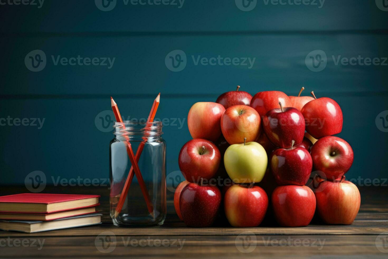 AI generated Collage Classroom Setting Photo Realistic Books Apples Pencils for Teacher Day Generative AI