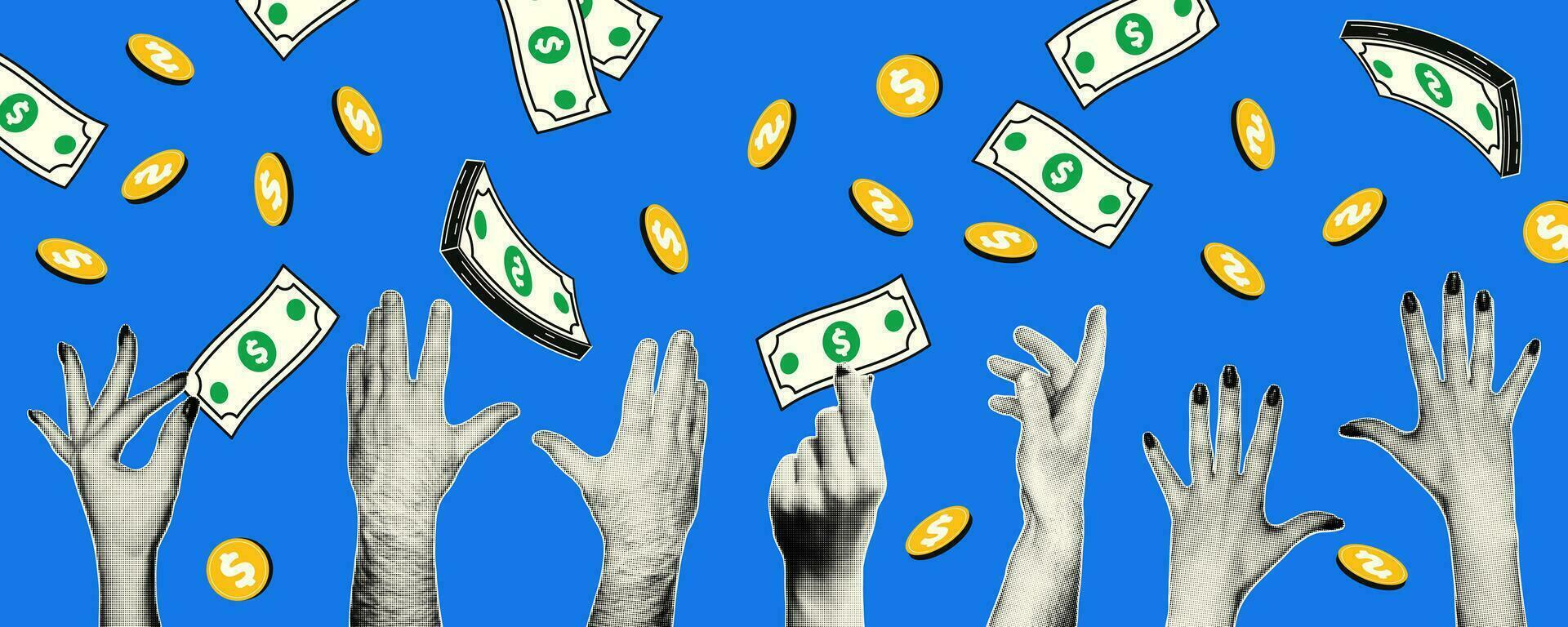 Retro collage with hands in halftone style. Hands catch money falling from the sky, coins, bills. Saving, saving, collecting money. Banner on financial topics. vector