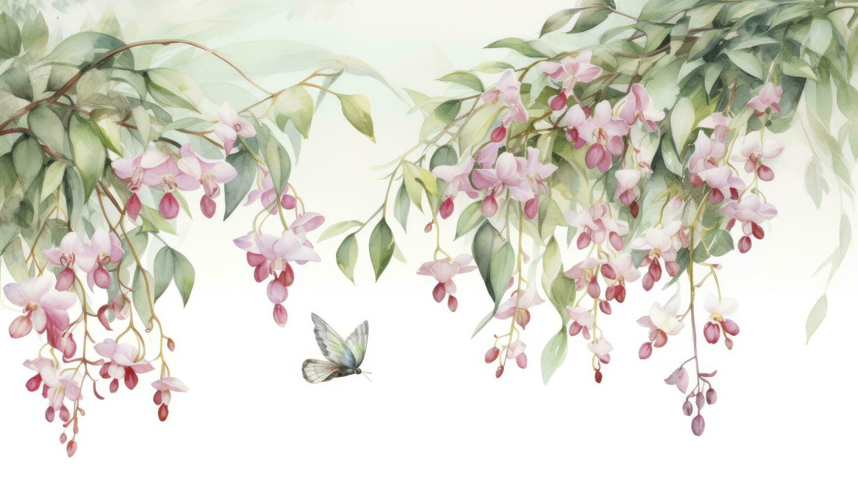 AI generated Ethereal Flora Watercolor Illustration of Drooping Eucalyptus Leaves, Pink and White Weeping Lily of the Valley, Adorned with Butterflies and Hummingbirds. photo