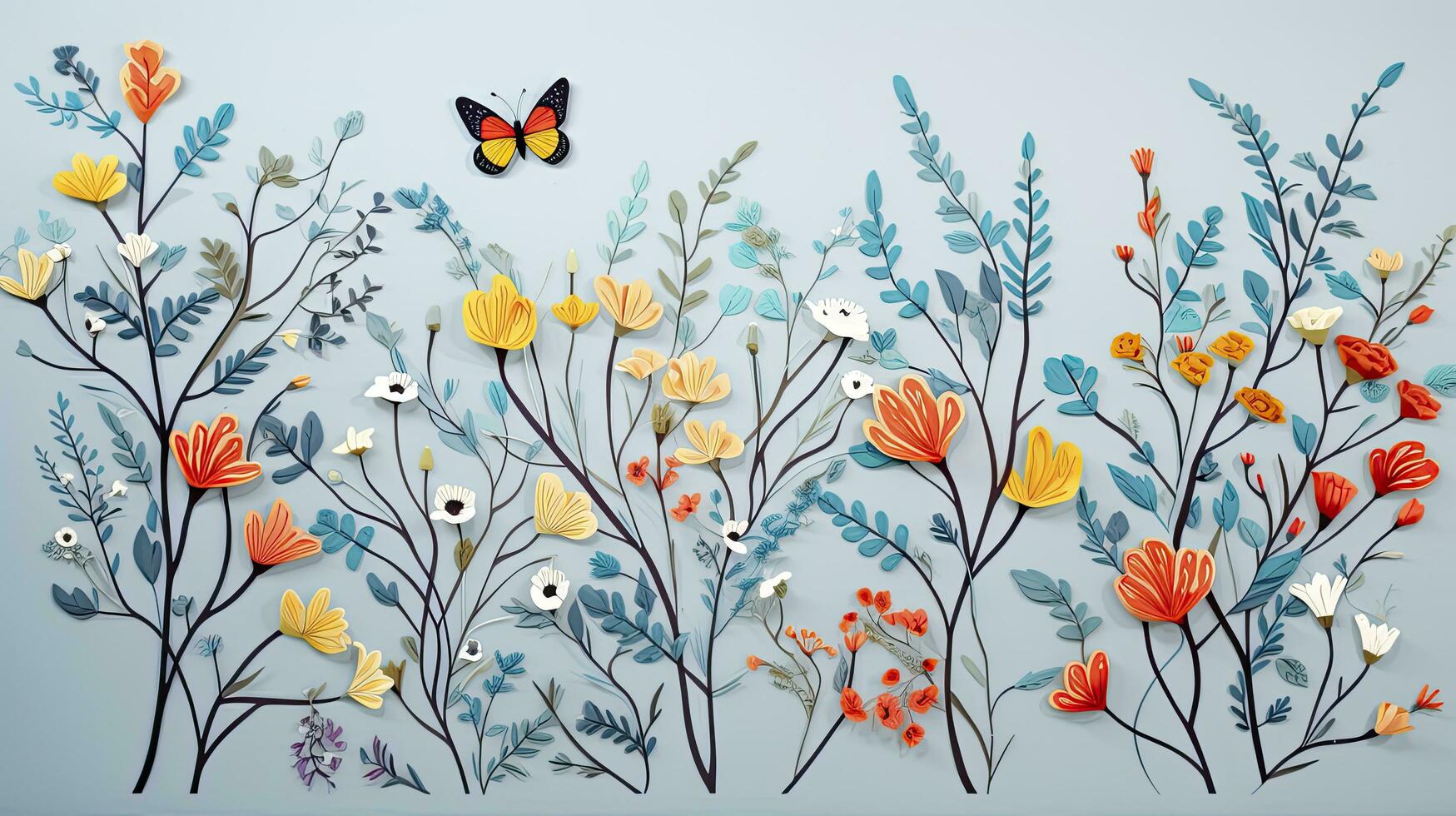 AI generated Graceful Garden Whimsy. A Drawing Featuring the Pattern of Wildflowers, Branches, and Butterflies in Bright Colors, Perfect for Adorning Walls with Cheerful Charm. photo