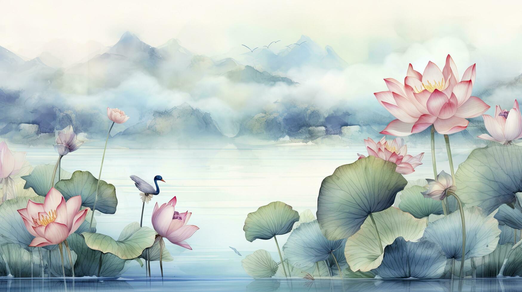 AI generated Watercolor wallpaper pattern landscape of lotus flower with lake background photo